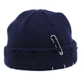 Close-up of navy blue knit beanie featuring punk style silver safety pins and metal rings - Navy Blue