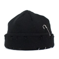 Black distressed knit beanie with metal rings and safety pin in street punk style - Black