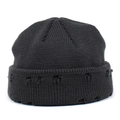 Black distressed knit beanie with ribbed texture and folded cuff for street style - Gray