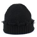 Detailed close-up of a black ribbed knit beanie featuring unique frayed edge seam details - One Size / Black