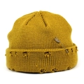 Distressed mustard yellow knit beanie with stylish silver safety pin and ripped details - Yellow