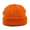 Bright orange distressed knit beanie with ribbed texture and vintage street style finish - Orange