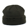 Detail of distressed ripped edges on olive green knitted winter beanie cap - Army Green