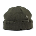 Detail of army green distressed knit beanie with silver safety pin and metal rings - Army Green