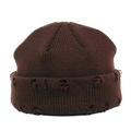 Close-up of dark brown knitted beanie with trendy distressed holes and ribbed texture - Coffee