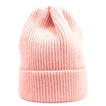 Close-up of pink ribbed knit beanie featuring thick texture and folded cuff for winter warmth - M (56-58cm) / Pink