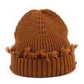 Distressed caramel knit beanie with ripped edges and retro ribbed texture for women - One Size / Camel