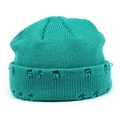 Bright mint green distressed knitted beanie with ripped texture for street fashion - Cyan