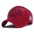Berretto da baseball vintage rosso lavato con ricamo USA e visiera curva da uomo - Regolabile / Rosso