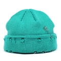 Detailed view of teal knit beanie featuring punk style safety pin and silver metal rings - Cyan