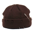 Brown distressed knit beanie with metal rings and safety pin for street style - Coffee