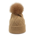 Warm light brown winter knit beanie with fluffy fox fur pom pom and ribbed texture - One Size / Khaki
