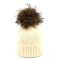 Women's cream knit beanie with large faux fur pompom for winter warmth and style - One Size / Off White