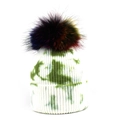 Women's rib-knit pom-pom beanie with green tie-dye pattern and colorful faux fur ball - One Size / Green