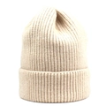 Minimalist knit beanie in creamy white ribbed cashmere style with folded brim for winter - M (56-58cm) / Beige