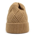 Close-up of brown knitted winter hat with geometric pattern and ribbed cuff detail - M (56-58cm) / Khaki