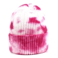 Women tie-dye knit beanie in white and pink with ribbed texture for winter fashion - Pink