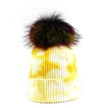 Women's yellow and white tie-dye knit beanie with a large fluffy faux fur pom-pom - One Size / Yellow