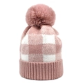 Women's pink and white gingham knit beanie with fluffy pompom and ribbed cuff - Pink