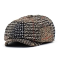 Retro newsboy pet van wolmix tweed met houndstooth-patroon en bruin-rode ruitjes - Verstelbaar / koffiekleur
