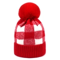 Winter red and white plaid knit beanie with large pom-pom and wide ribbed cuff - Red