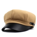 Detail of camel wool octagonal hat featuring a black leather brim and metal buckle - M / Khaki