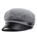 Classic grey wool newsboy hat with black leather visor and metal buckle detail - M (56-58cm) / Light Gray