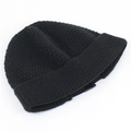 Close-up of the thick ribbed cuff and dense knit texture of this black winter beanie hat - Adjustable / Black