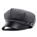 Detail of grey wool octagonal newsboy cap with black leather brim and metal buckle - M (56-58cm) / Dark Gray