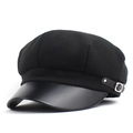 Detail of wool octagonal cap featuring a black leather brim and silver metal buckle - M (56-58cm) / Brown