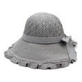 Grey knit sun hat for women with wide wavy brim and decorative bow for summer sun protection - M / Gray