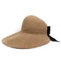 Detail of elegant summer straw sun hat featuring a breathable weave and black silk bow tie - M / Khaki