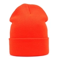 Detailed view of neon orange ribbed knit beanie with thick fold-over cuff for winter - One Size / Neon Orange