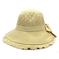 Detailed close-up of beige knit sun hat with hollow diamond pattern and elegant bow - M / Khaki
