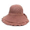 Detail of a brown knit sun hat with hollow mesh top and elegant bow ribbon decoration - M / Red