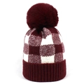Winter wine red plaid knit beanie for women with a large soft faux fur pompom detail - Burgundy