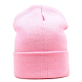 Detailed view of the fine ribbed knit texture and fold-over cuff on the pink winter beanie - One Size / Light Pink