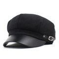 Classic black newsboy cap with wool fabric, faux leather brim and metal side buckle - M / Black