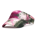 Close-up of tie-dye fabric textures and stitched brim on women's sun visor hat - Adjustable / Red and Green