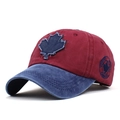 Detail of vintage washed cotton baseball cap with maple leaf patch and Canada embroidery - Adjustable / Red + Navy