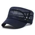 Close-up of navy blue breathable mesh fabric and metal tag detail on a flat top cadet cap - Adjustable / Navy Blue