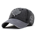 Close-up of vintage washed grey cotton baseball cap with maple leaf embroidery and Canada badge - Adjustable / Black and Gray