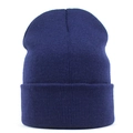 Detail of navy blue knitted beanie featuring fine ribbed texture and folded cuff for warmth - One Size / Navy Blue