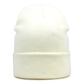 Detail of cream knit beanie featuring thick vertical ribbing and a folded cuff design - One Size / White