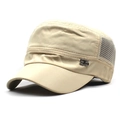 Detail of khaki military cap featuring breathable mesh panels and a metallic logo badge - Adjustable / Khaki