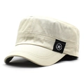 Detail view of cotton military flat cap with star patch and reinforced stitching - Adjustable / Beige