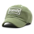Detailed close-up of army green cotton baseball cap with white Family square embroidery - Approx. 52cm / Green
