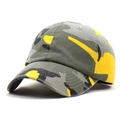 Detail of camouflage baseball cap showing grey and yellow twill fabric and stitching - Yellow