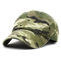 Detailed close-up of woodland camouflage pattern on a cotton curved brim baseball cap - Khaki