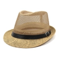 Cappello fedora in paglia traspirante unisex con fascia in pelle nera e fibbia metallica - Taglia unica / Cachi